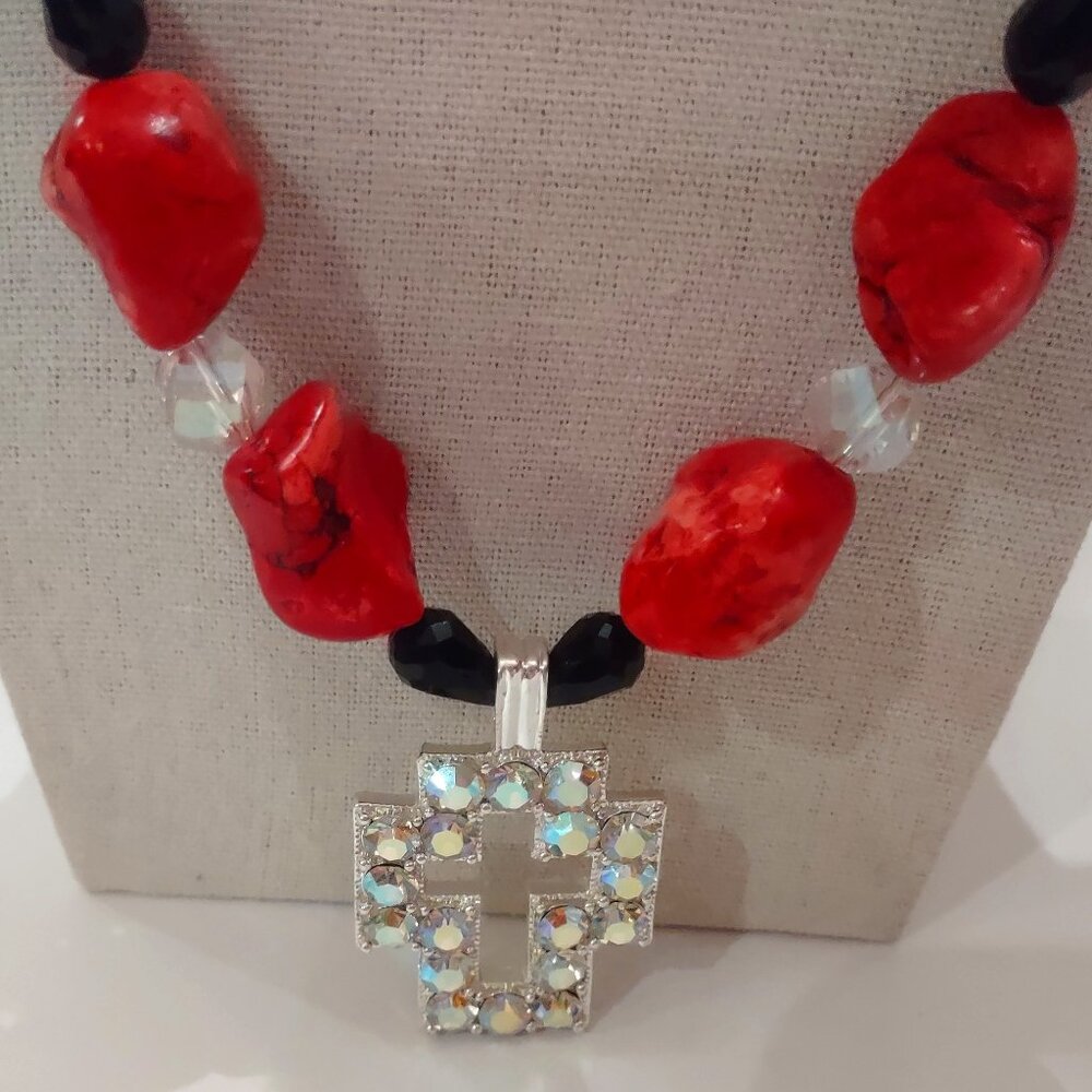 Vintage AB Cross Chunky Red Howlite Beaded Necklace with Crystal & Glass